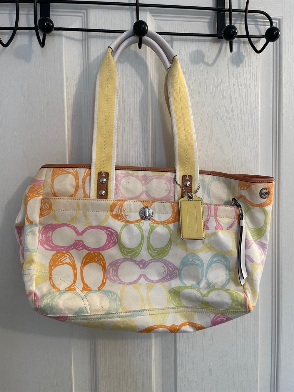 Coach Pastel Multi-Color Canvas Tote with Yellow Handles